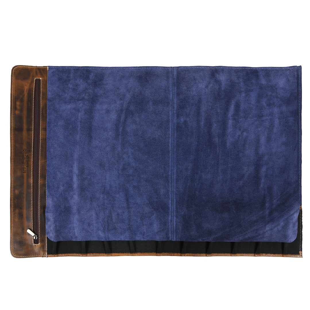 Aaron Leather Goods Tuscania Knife Roll Storage Bag Case, Cedar & Royal Blue