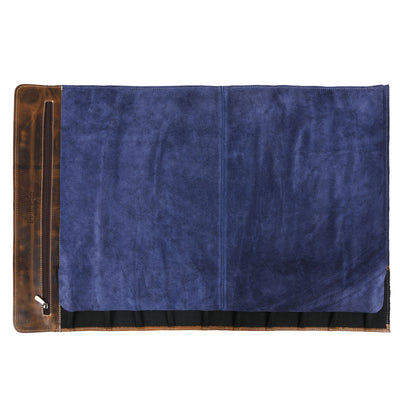Aaron Leather Goods Tuscania Knife Roll Storage Bag Case, Cedar & Royal Blue - VMInnovations