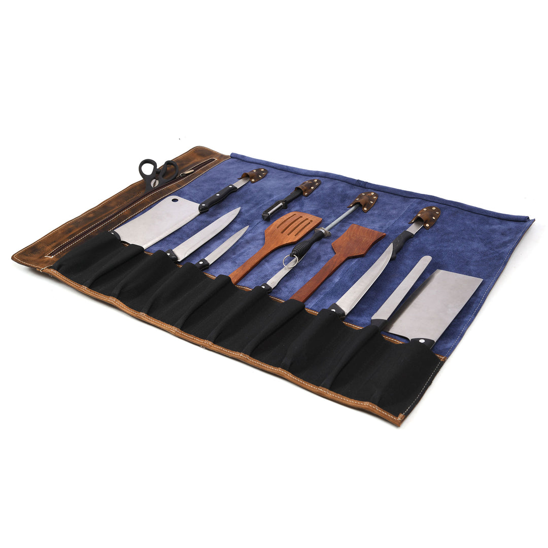 Aaron Leather Goods Tuscania Knife Roll Storage Bag Case, Cedar & Royal Blue