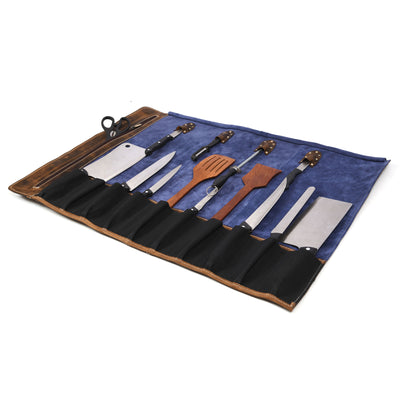 Aaron Leather Goods Tuscania Knife Roll Storage Bag Case, Cedar & Royal Blue