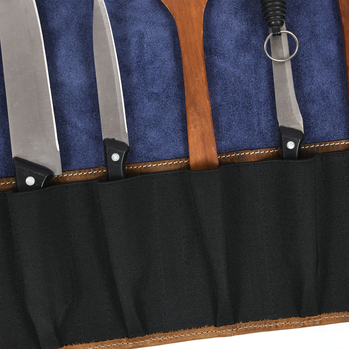 Aaron Leather Goods Tuscania Knife Roll Storage Bag Case, Cedar & Royal Blue