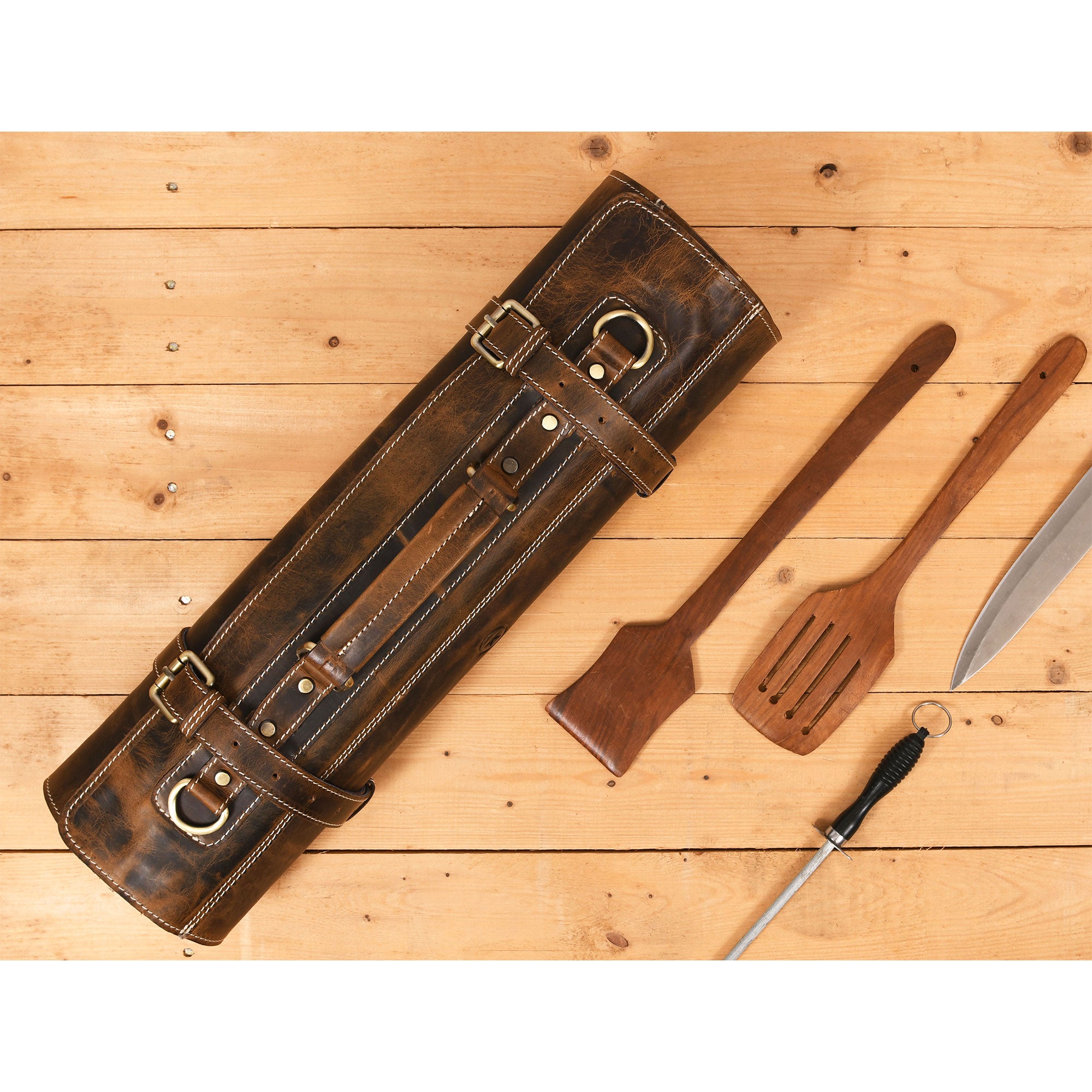 Aaron Leather Goods Tuscania Knife Roll Storage Bag Case, Cedar & Royal Blue - VMInnovations