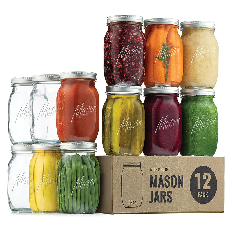 Paksh Novelty Wide Mouth 32 Oz Quart Canning Mason Jars w/Rings & Lids, 12 Pack