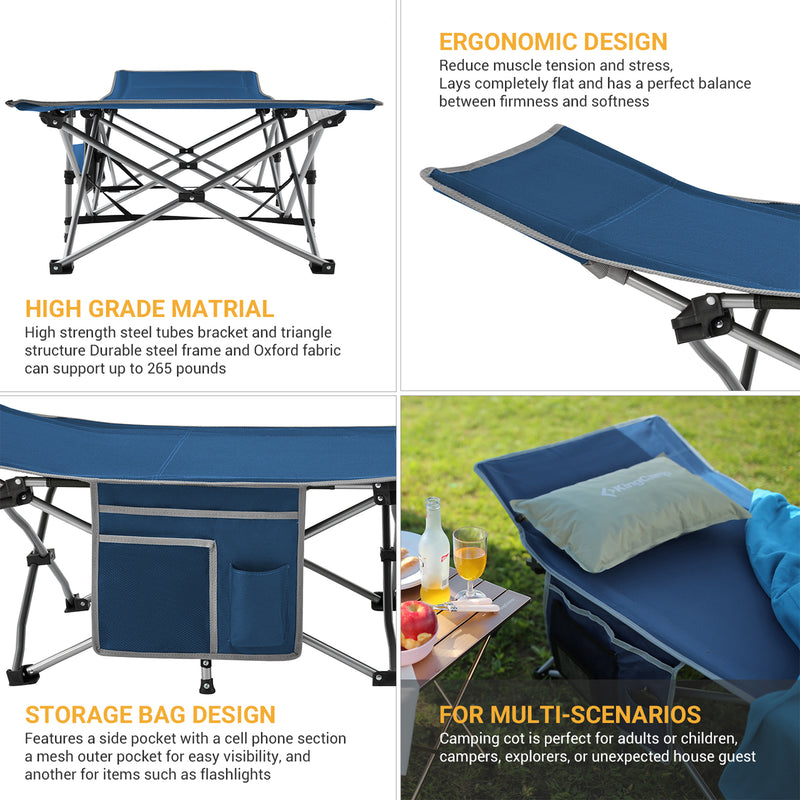 Folding Portable Outdoor Camping Cot w/ Multi Layer Side Pocket, Blue (Open Box)