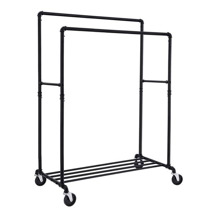 VASAGLE Industrial Rolling Garment Double Rail Clothes Rack w/Shelf, Black(Used)