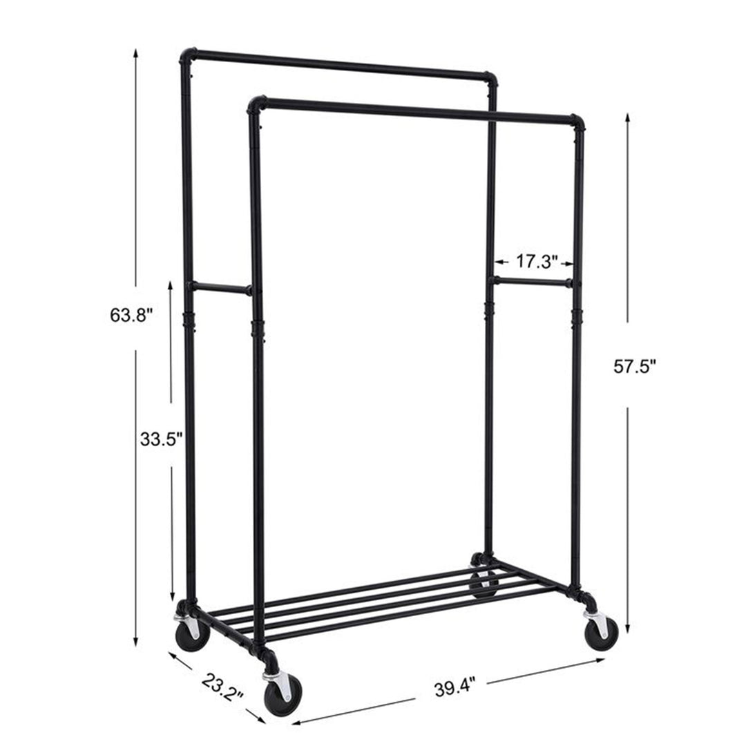 VASAGLE Industrial Rolling Garment Double Rail Clothes Rack w/Shelf, Black(Used)