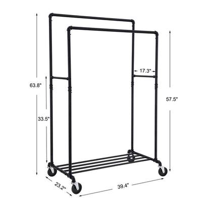 VASAGLE Industrial Rolling Garment Double Rail Clothes Rack w/Shelf, Black(Used) - VMInnovations