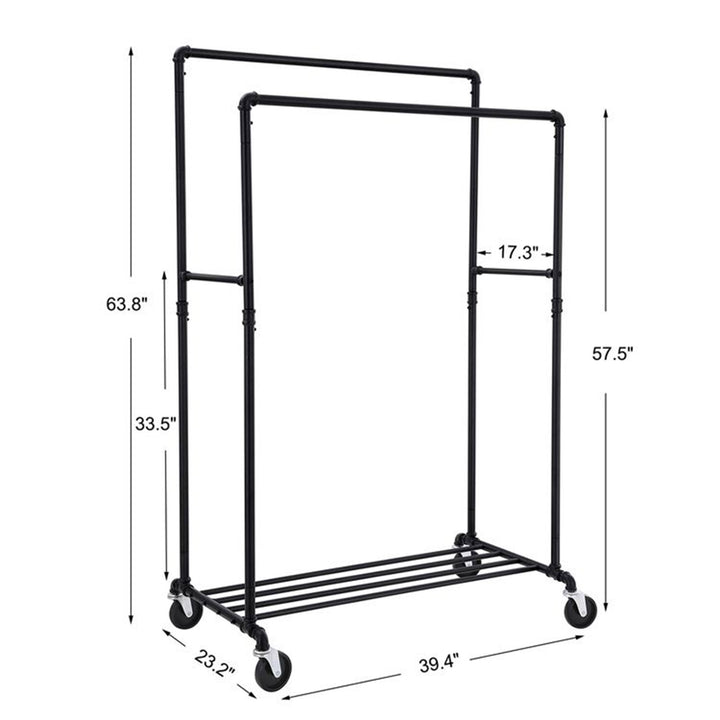 VASAGLE Industrial Rolling Garment Double Rail Clothes Rack w/Shelf, Black(Used)