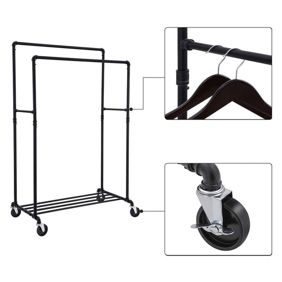 VASAGLE Industrial Rolling Garment Double Rail Clothes Rack w/Shelf, Black(Used)