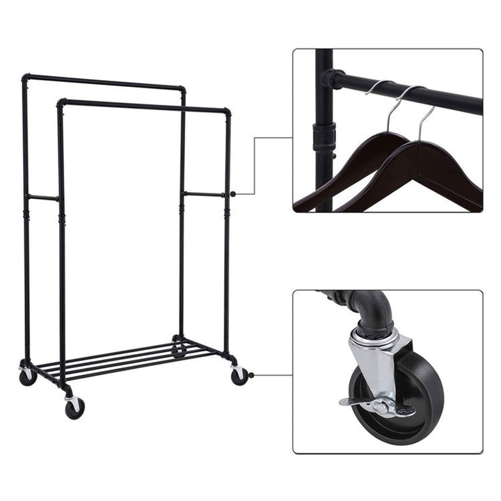 VASAGLE Industrial Rolling Garment Double Rail Clothes Rack w/Shelf, Black(Used)