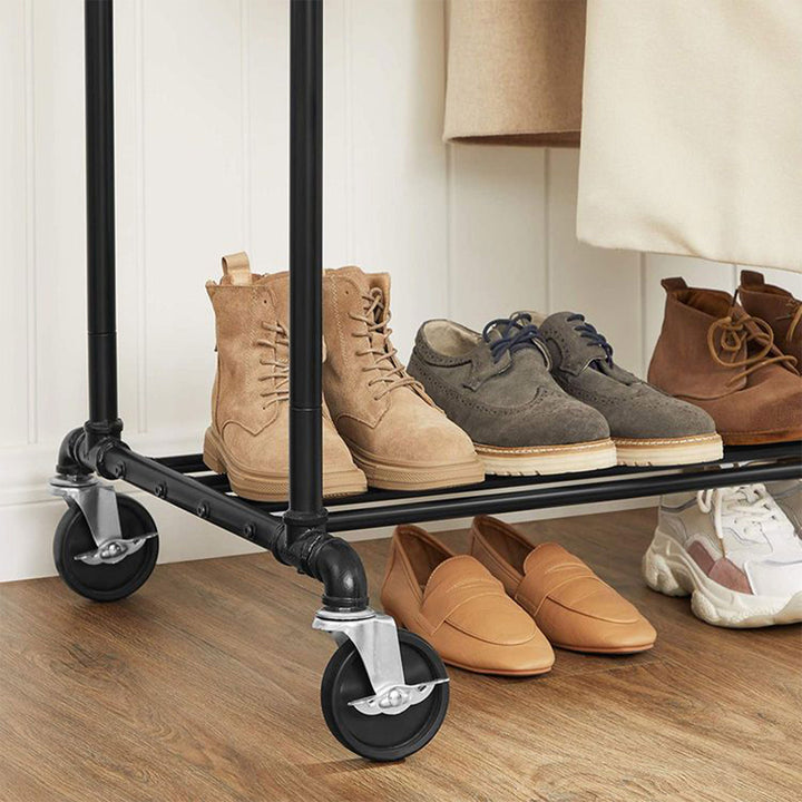VASAGLE Industrial Rolling Garment Double Rail Clothes Rack w/Shelf, Black(Used)