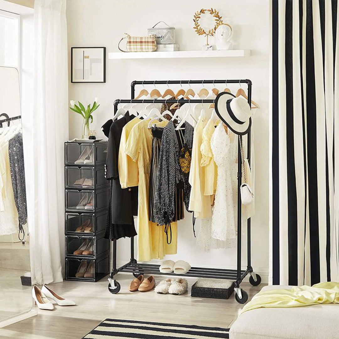 VASAGLE Industrial Rolling Garment Double Rail Clothes Rack w/Shelf, Black(Used)