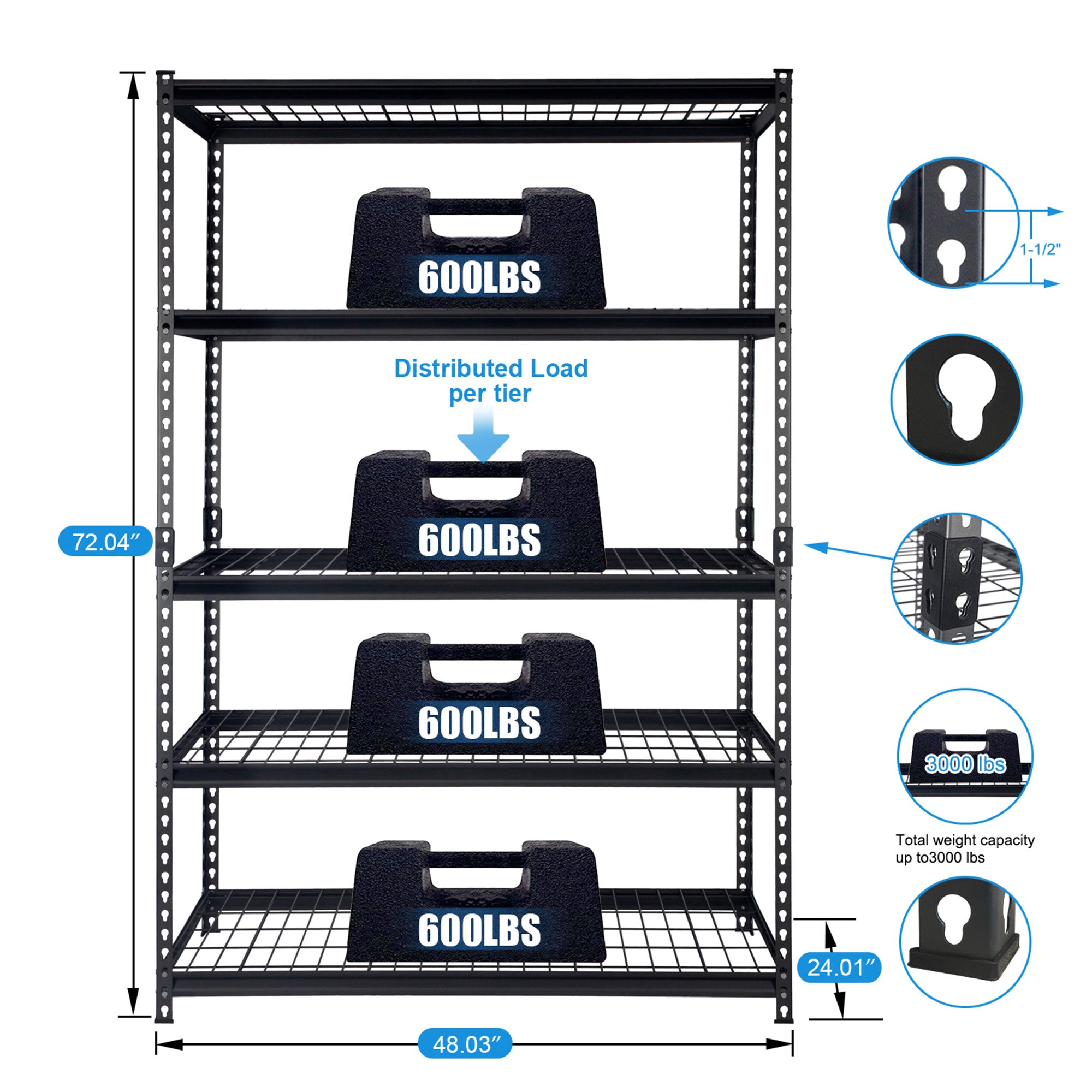 Pachira 48"W x 72"H 5 Shelf Steel Shelving for Home and Office Organizing, Black - VMInnovations