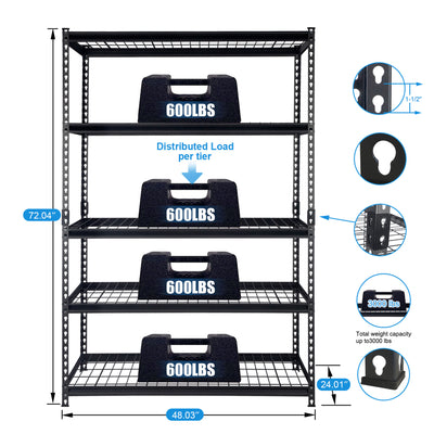 Pachira 48"W x 72"H 5 Shelf Steel Shelving for Home and Office Organizing, Black - VMInnovations