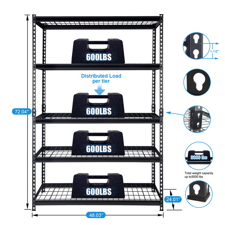 Pachira 48"W x 72"H 5 Shelf Steel Shelving for Home and Office Organizing, Black