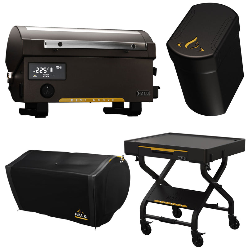 HALO Prime300 Pellet Grill w/Battery Pack, Grill Cover & Rolling Cart w/Drawer