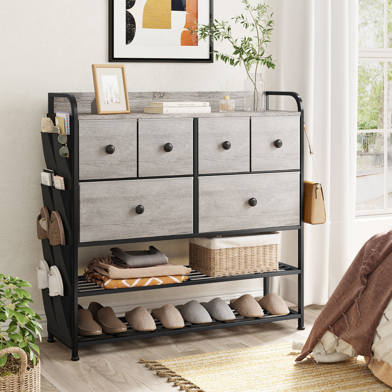 REAHOME 6 Fabric Drawer Dresser w/2 Tier Storage Shelf & Pockets,Taupe(Open Box)