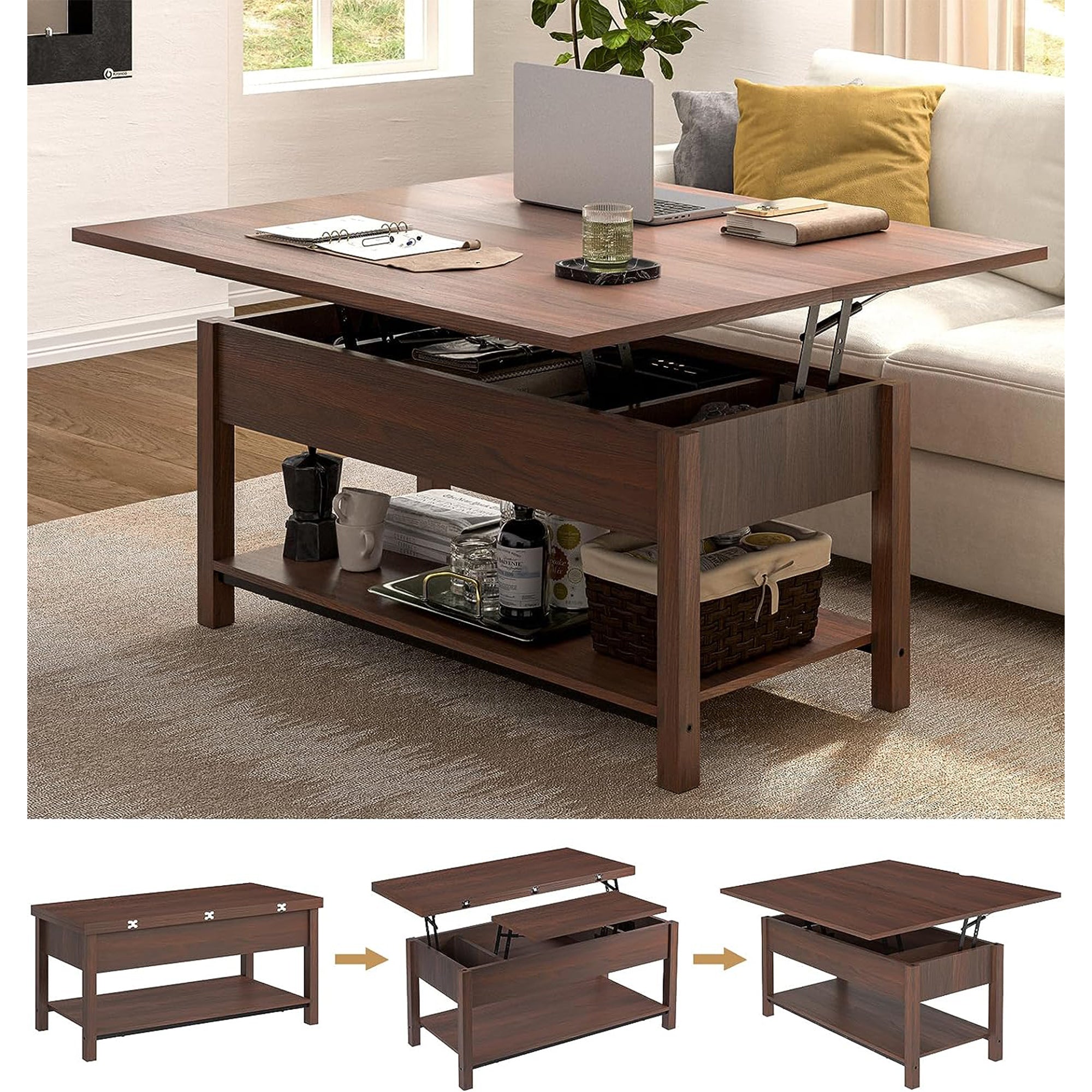 FABATO 4 in 1 Multi-Function Convertible Coffee Table with Storage, Espresso - VMInnovations