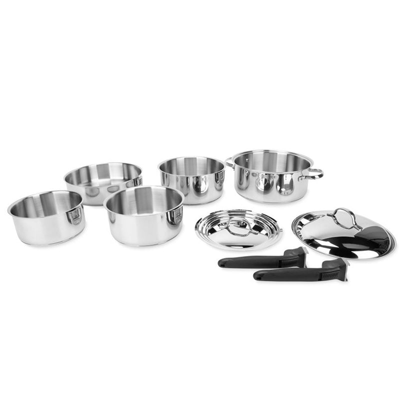 Camco 10 Piece Stainless Steel Cookware Nesting Pot Set w/Handle & Storage Strap
