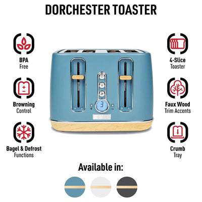 Haden Dorchester 4 Slice Wide Slot Retro Toaster with Control Knob, Stone Blue