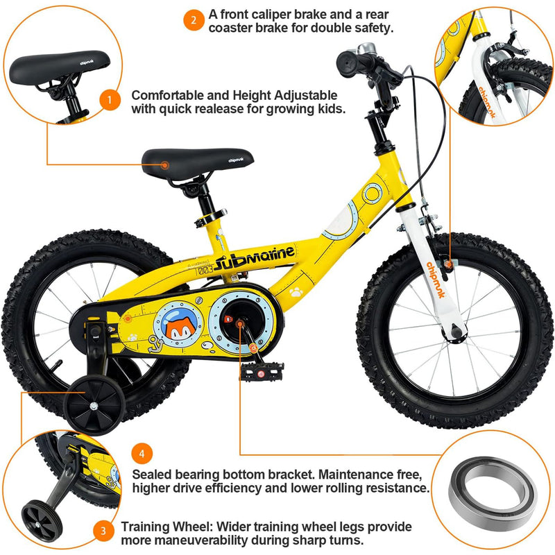 RoyalBaby Kids Cruiser 14" Bike with Training Wheels, Bell & Reflector, Yellow