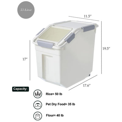 33L Rice Storage Container w/ Wheels & Measuring Cup, White(Set of 2)(Open Box)
