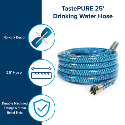 Camco TastePURE 25 Foot No Kink Heavy Duty PVC Premium Drinking Water Hose, Blue