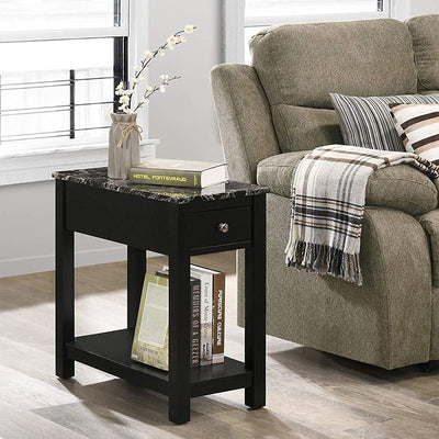 New Classic Furniture Noah Wooden Faux Marble Top End Table with Drawer, Black