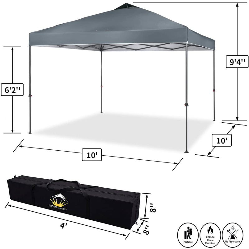 Crown Shades 10’x10’ Pop Up Folding Shade Canopy w/Carry Bag, Grey (Open Box)