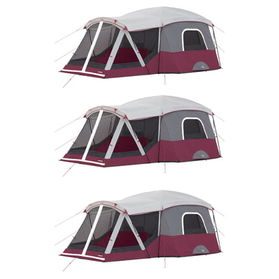 CORE 11 Person Family Outdoor Camping Cabin Tent with Screen Room, Wine (3 Pack)