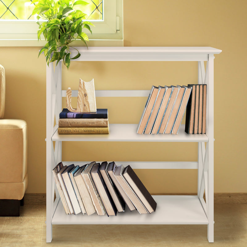 Casual Home Montego 3 Tier Open Shelf X Design Wooden Bookcase, (White) (2 Pack) - VMInnovations
