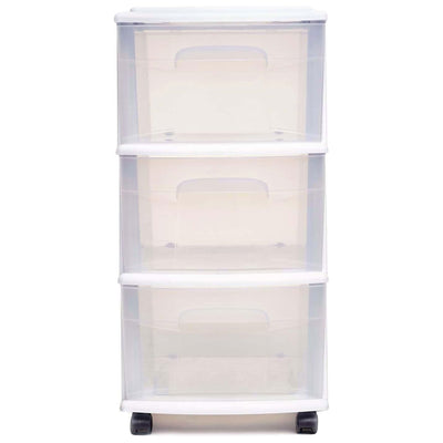 Homz Plastic 3 Drawer Medium Storage Tower, Clear Drawers/White Frame (2 Pack)