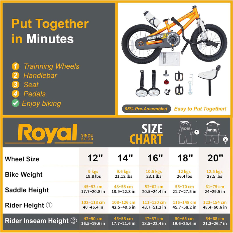 RoyalBaby Freestyle 16 Inch Kids Bike with Training Wheels & Kickstand, Orange