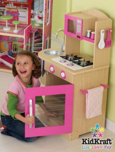 KidKraft Modern Pink Wooden Girls/Kids Play Kitchen & Cookware Set