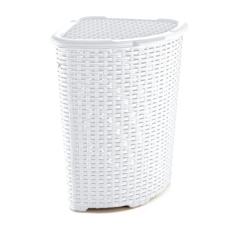 Superio 52 Liter Wicker Design Corner Laundry Hamper with Lid and Handles, White