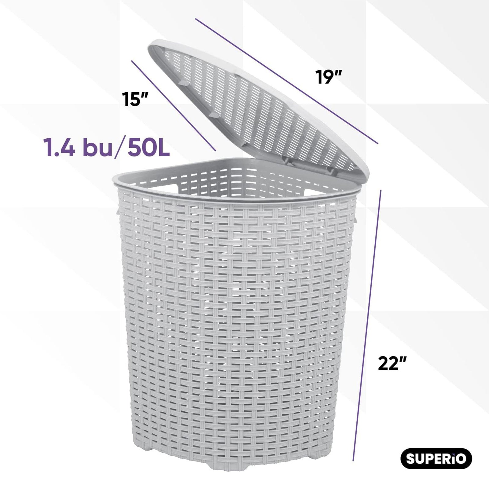 Superio 52 Liter Wicker Design Corner Laundry Hamper with Lid and Handles, White - VMInnovations