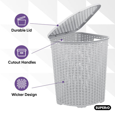 Superio 52 Liter Wicker Design Corner Laundry Hamper with Lid and Handles, White - VMInnovations
