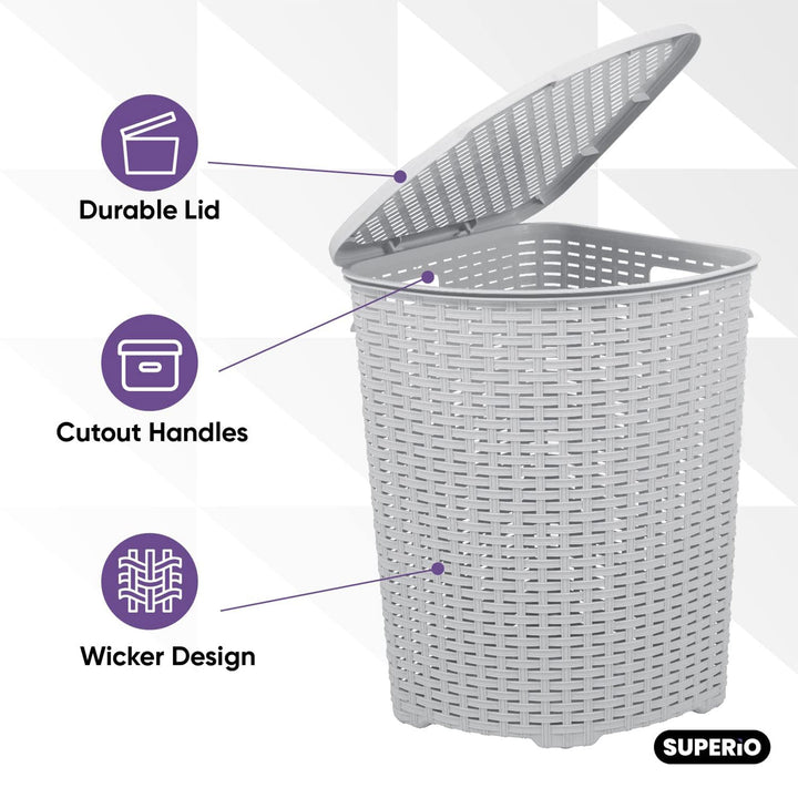 Superio 52 Liter Wicker Design Corner Laundry Hamper with Lid and Handles, White