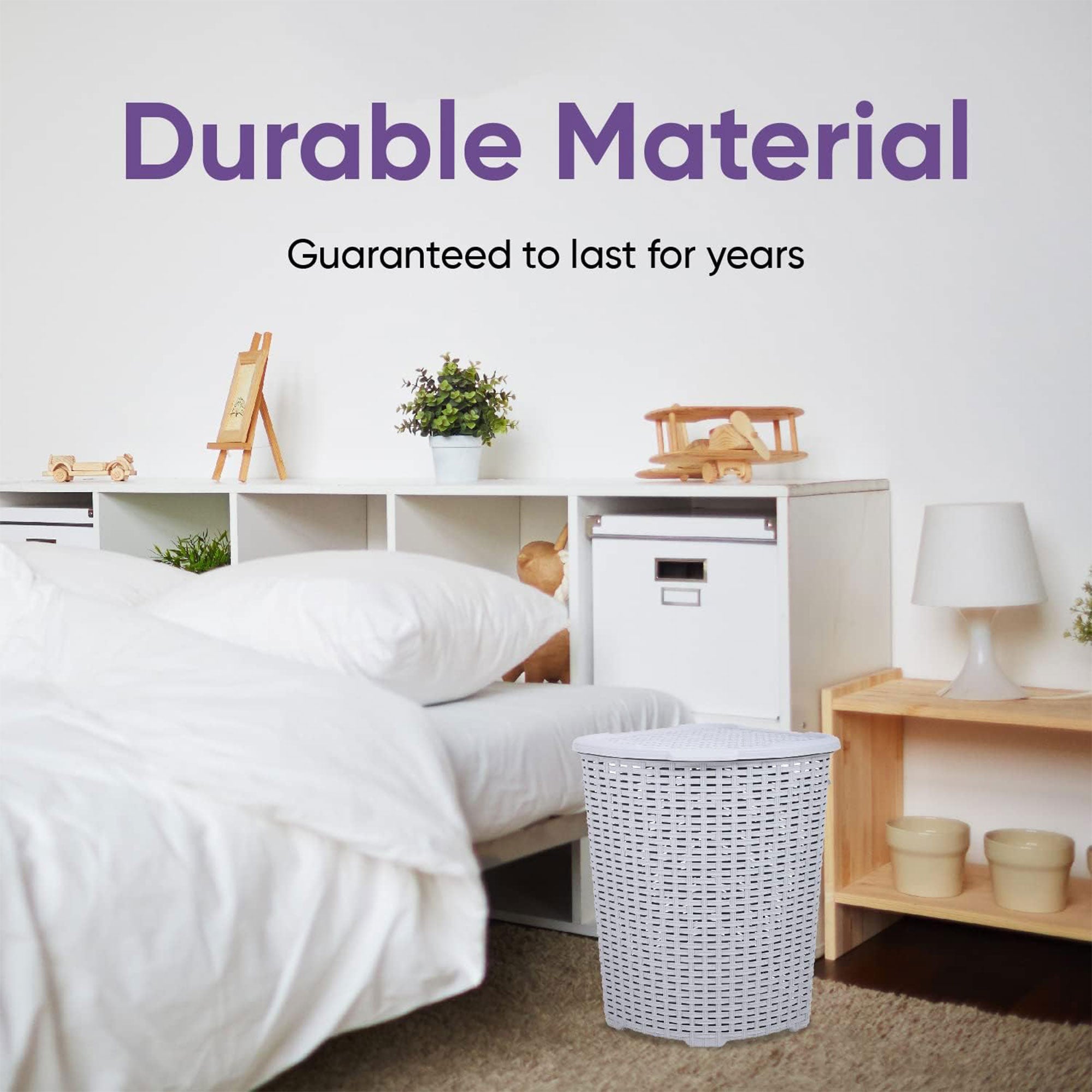 Superio 52 Liter Wicker Design Corner Laundry Hamper with Lid and Handles, White - VMInnovations
