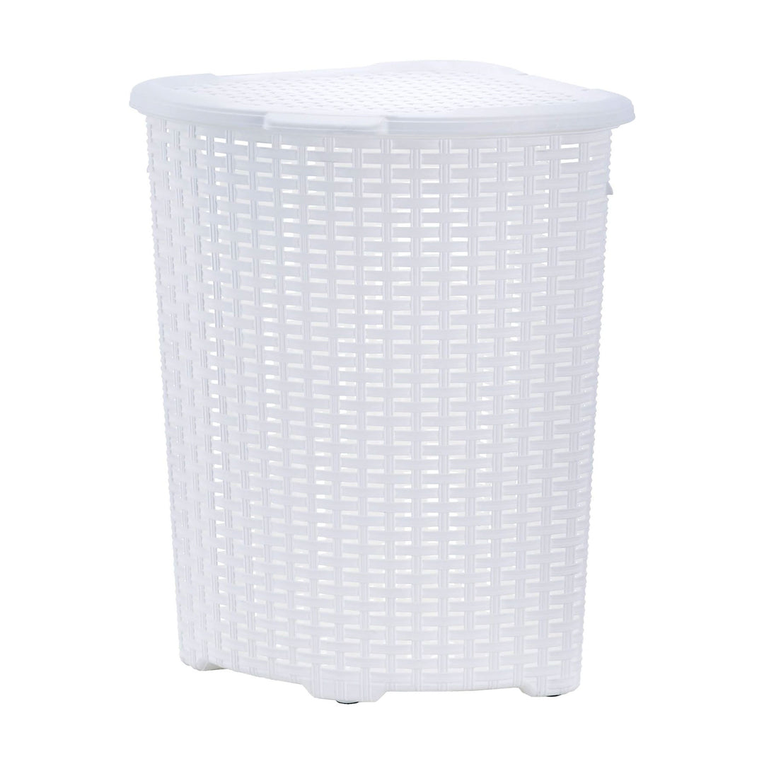 Superio 52 Liter Wicker Design Corner Laundry Hamper with Lid and Handles, White