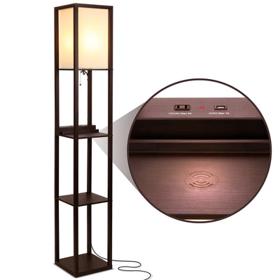 Brightech Floor Lamp w/ Shelves & Wireless Charging, Havana Brown (Open Box)