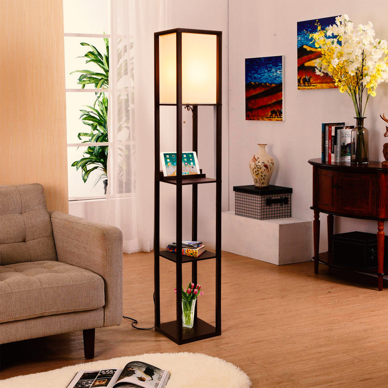 Brightech Maxwell Tower Floor Lamp w/ Shelves & Wireless Charging, Havana Brown