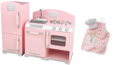 KidKraft Pink Retro Kitchen & Refrigerator Kids Playset w/ Pink Chef Set