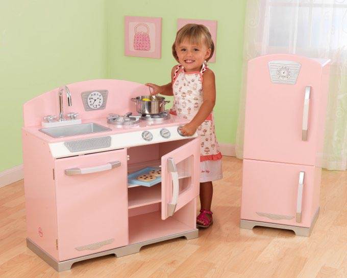 KidKraft Pink Retro Kitchen & Refrigerator Kids Playset w/ Pink Chef Set
