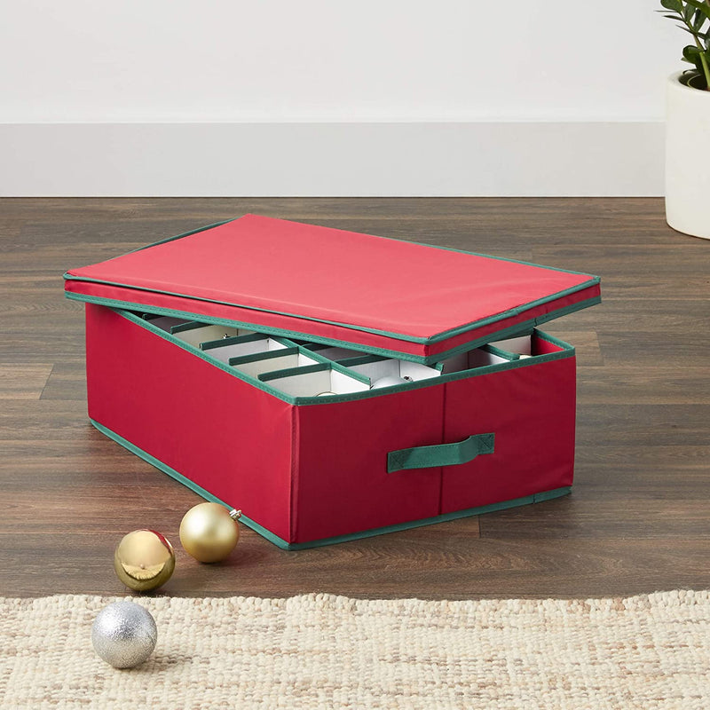 HOMZ 56 Ornament with Lid & 2 Handles Christmas Holiday Divided Storage Box, Red
