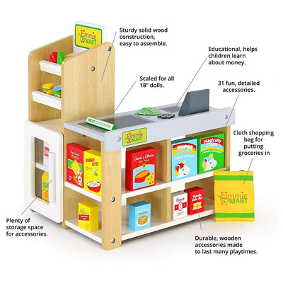 Playtime by Eimmie Wood Grocery Store Playset w/ Acc for 18in Dolls (Open Box) - VMInnovations