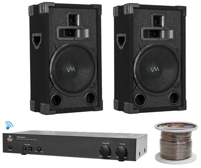 Bluetooth DJ Speakers - 2 VM Audio 8" DJ Speakers + Pyle 2000BT Amplifier + Wire