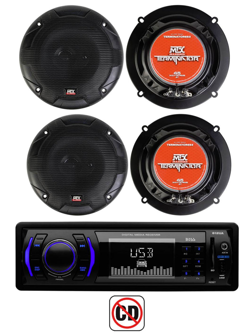4) New MTX TERMINATOR653 6.5" 90W Coax Car Speakers Stereo + Boss 612UA Receiver