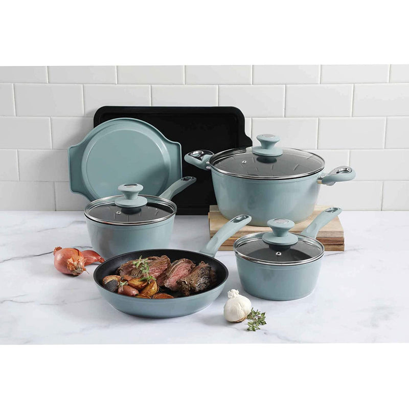 Oster 12 Piece Aluminum Non Stick Home Frying Pot & Pan Cookware Set, Dusty Blue