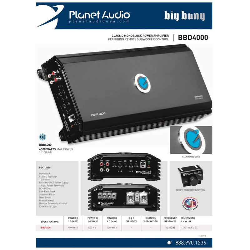 Planet Audio BB4000.1 4000W Mono D Car Amplifier Power Amp and Remote (4 Pack)